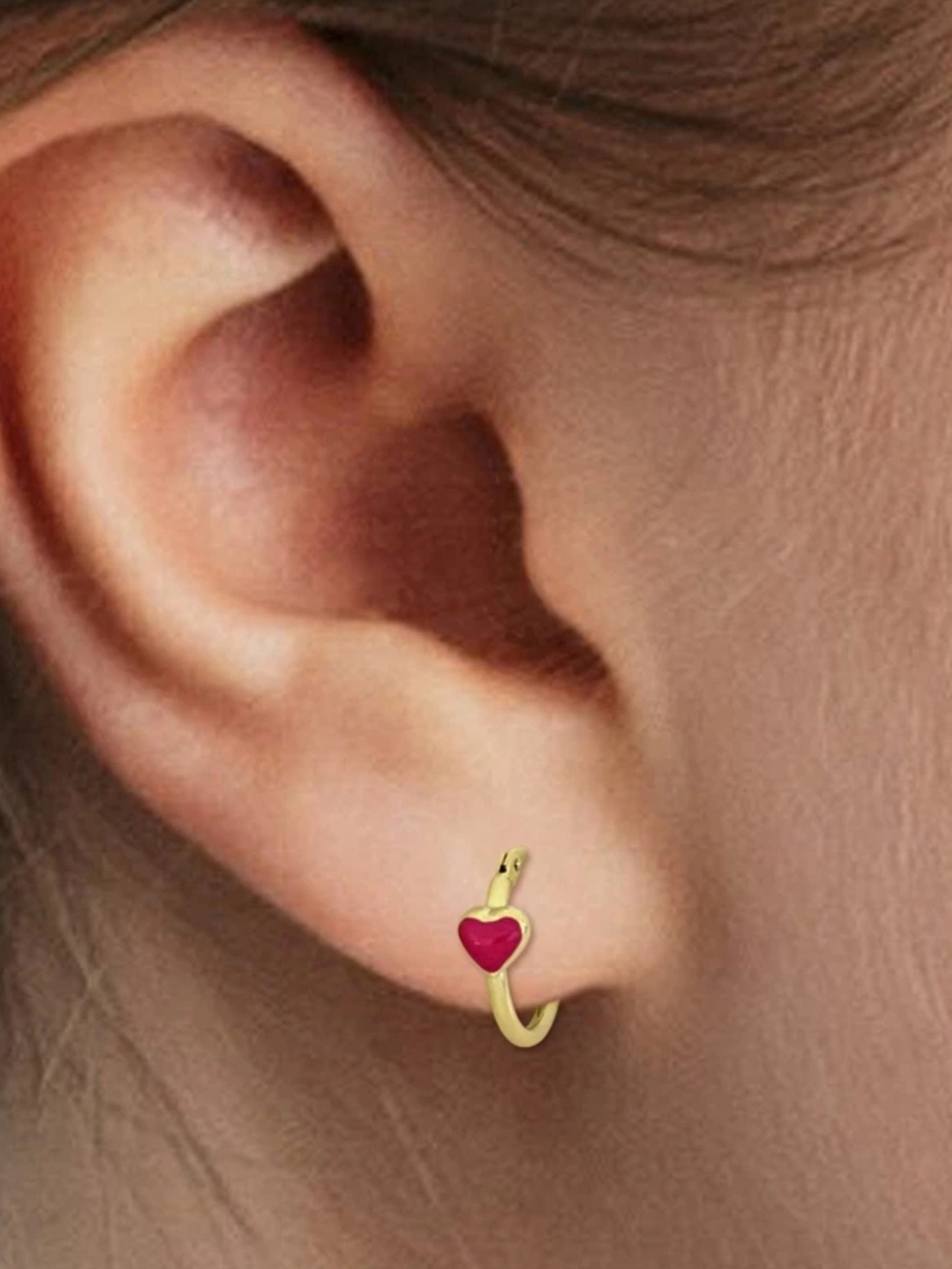 14K Gold Heart Hoop Earrings with Red Enamel